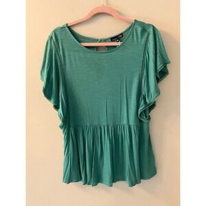RXB Peplum Blouse Women's M Green Short Ruffle Sleeve Round Neck Rayon Stretch